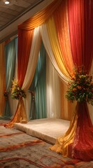 Curtain backdrop made with layered ethnic fabrics for a pooja setup
