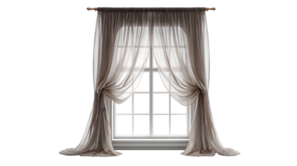 A window with a sheer curtain gently blowing inwards, isolated on a Transparent background