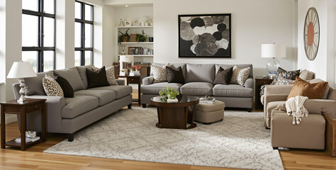 A living room filled with furniture and a large window.