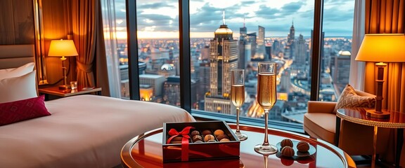 Opulent suite with city view, champagne, and chocolates,  dream,  vacation