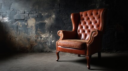 A vintage leather armchair with a tufted backrest and wooden legs, placed against a dark, textured wall.