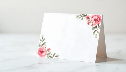 A minimal white card with a subtle floral corner accent on a clean surface, ideal for a personalized note in 4K and HD.
