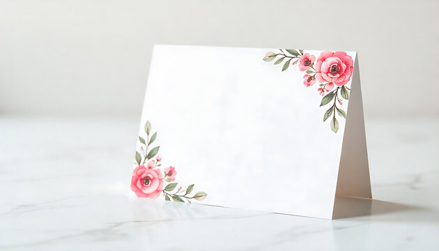 A minimal white card with a subtle floral corner accent on a clean surface, ideal for a personalized note in 4K and HD.

