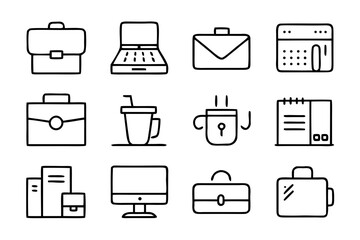Collection of hand drawn office and business icons isolated on transparent background