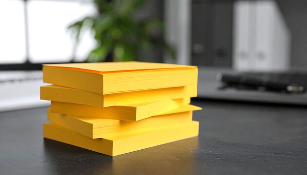 Stack of bright yellow sticky notes on a dark desk, blurred office background