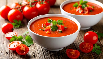 Two bowls of vibrant tomato soup, garnished with fresh herbs