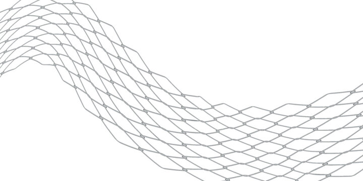 Fishing net with floats, curved by a wave. Graphic line art hand drawn on the theme of sea and fishing in black and white ink. Separate element isolated from the background EPS vector