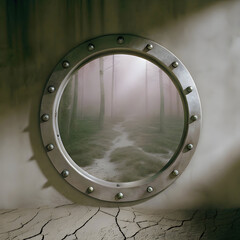 Naklejka premium A metallic oval portal embedded in cracked sand, shimmering with light