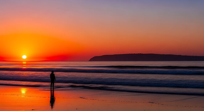 A lone person watches a vibrant orange sunset over the ocean from the wet, sandy shore.