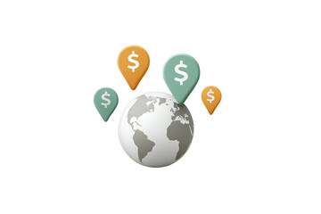A globe surrounded by location markers with dollar signs, symbolizing global finance and economic connectivity.