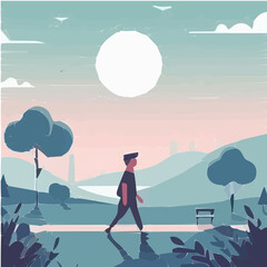 Obraz premium Minimal black and white boy walking alone in nature scenery vector illustration