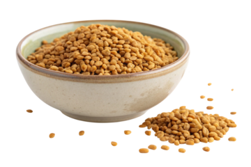 Bowl of fenugreek seeds isolated on transparent background