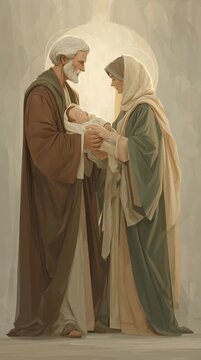 video, Illustration of Saint Joachim and Saint Anne holding the Child Jesus between them, looking at him with love and devotion. Their expression is loving and protective, calm and innocent.