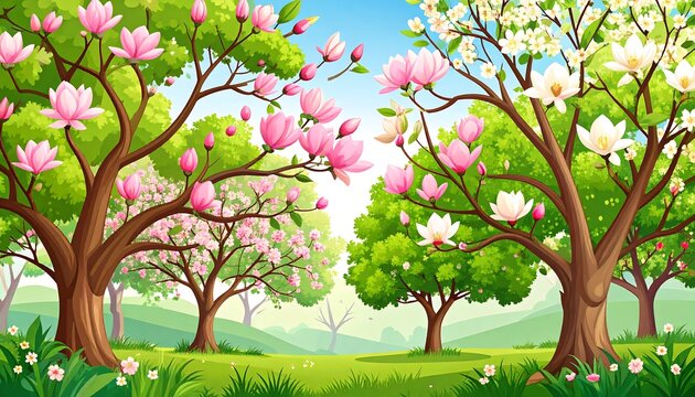 Spring forest with magnolia trees