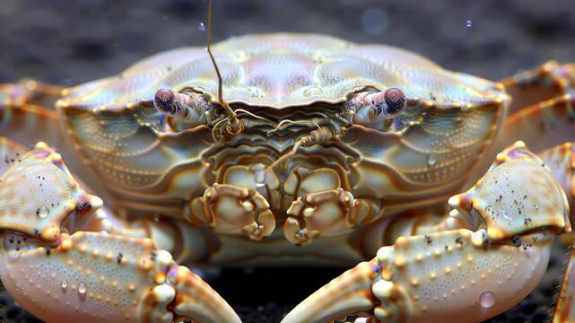 Front View Macro Shot of a Pale Crab with Prominent Eyes and Claws on a Dark Background