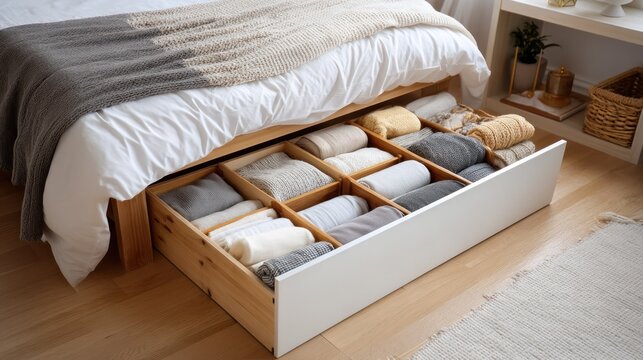 A neatly organized bedroom with a white bedspread and a wooden drawer containing neatly folded clothes.
