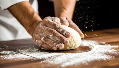 Skilled hands expertly knead fresh dough, flour dusting a rustic wooden surface, creating culinary magic.