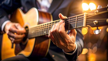 Obraz premium Skilled musician passionately plays acoustic guitar, creating soulful melodies with warm stage lighting.