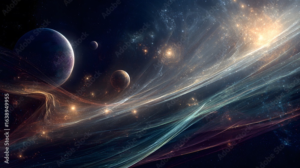 Wall mural cosmic scene with ethereal planets and flowing dark energy waves in alignment