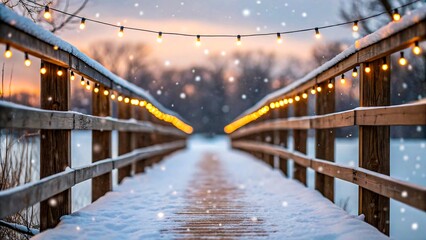 Wooden bridge decorated with lights during snowy winter evening