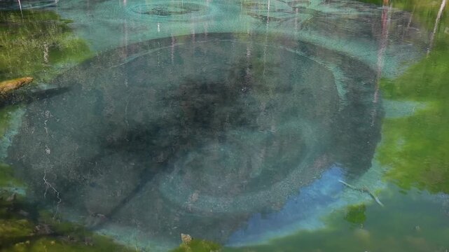 geyser lake with bright turquoise water surrounded by impressive altai mountains. this is an ideal place for relaxation and adventure in nature. concept active recreation, tour organization.