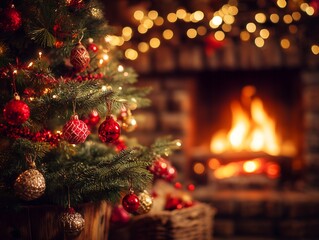 暖炉とクリスマスツリーの温かな室内風景