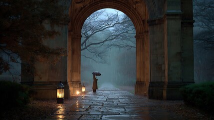 A stone archway in a park during a rainy evening.
