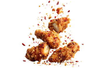 Crispy fried chicken pieces falling isolated on transparent background