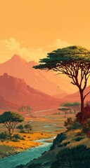 African savanna sunset landscape, river flows, mountains background, travel poster