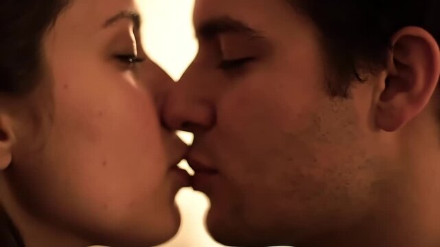 Close-Up of Tender French Kiss in Warm Lighting