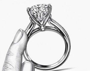 An elegant silver ring with a single large center diamond, held by the finger. A classic design that emphasizes luxury and elegance.
