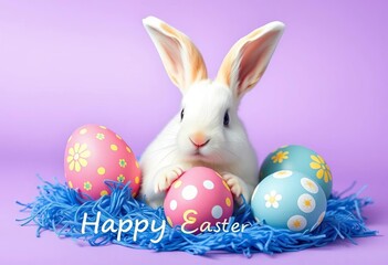 Cute bunny with decorated eggs on violet background; Happy Easter sale promotion,  holiday,  vector