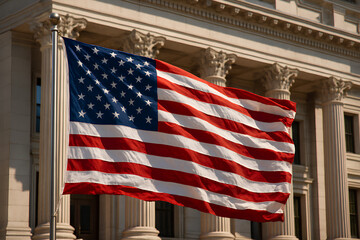 Large American flag billowing in wind, before majestic government building.