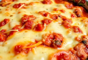Layers of pasta, rich tomato sauce, creamy cheese, and savory meat in a baking dish,  baked, lasagna