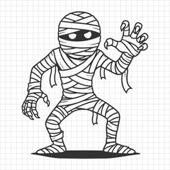 Cartoon Mummy Character Halloween Illustration in Black and White