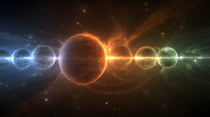 Naklejka premium Deep space with glowing aligned planets radiating multidimensional energy pulses
