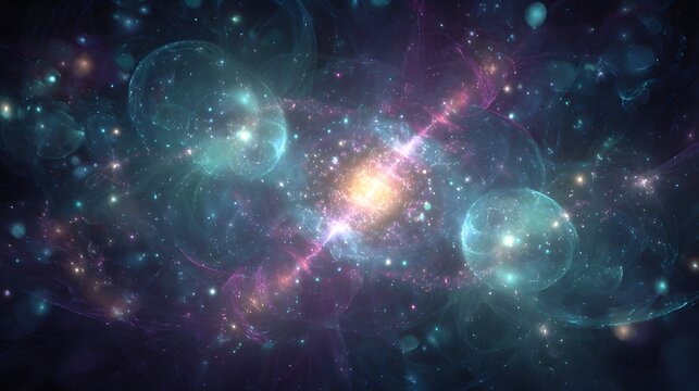 Deep space with glowing aligned planets radiating multidimensional energy pulses