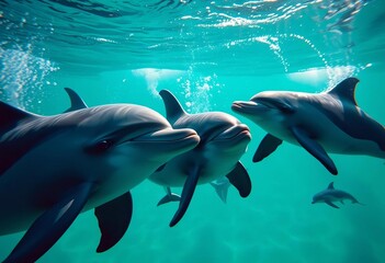 Fototapeta premium Playful dolphins swimming near camera, sunlight filters through water, sunbeam, water