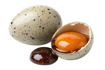 Quail eggs one cracked open with yolk isolated on transparent background