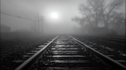 Foggy railroad tracks stretching into a hazy distance.