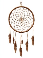 Brown Dreamcatcher with Hanging Feathers on White Background