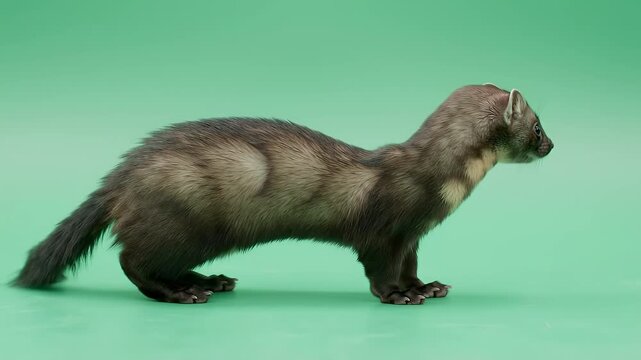 Alert European Pine Marten with Rich Brown Fur and Distinctive Cream Chest Patch, Standing Gracefully on a Solid Green Studio Background