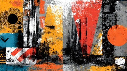 A bold dynamic and visually striking abstract art composition featuring a collage of colorful geometric shapes textures and layers inspired by the urban environment