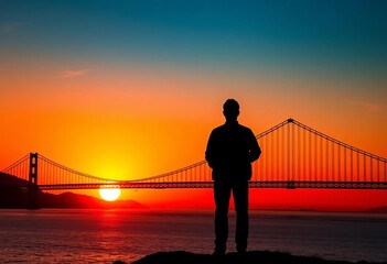 Silhouette against vibrant orange sunset over San Francisco Bay , silhouette, graphic