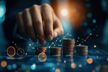 Businessman hand plan growth business graph financial chart on improvement blue background with success investment diagram marketing strategy or increase arrow stock profit data and analysis market