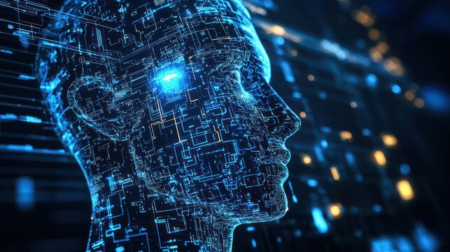 A digital representation of a human head with a glowing blue light in the eye, set against a dark, abstract background with a grid-like pattern.