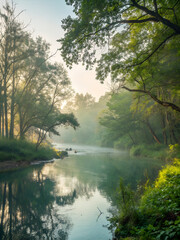 Serene Nature Landscape with a Calm River and Trees.
