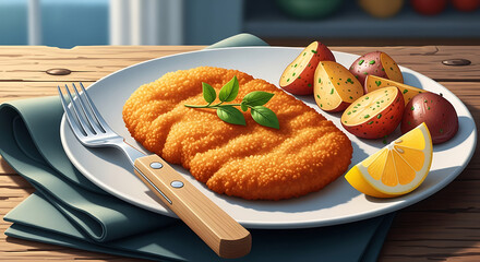 A delicious homemade schnitzel with roasted potatoes and a wedge of lemon, served on a rustic wooden table.