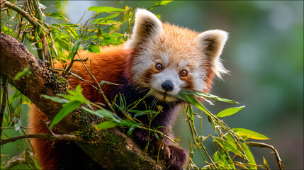 Rare animal red panda resting comfortably on a strong branch in the misty Himalayan bamboo forest.