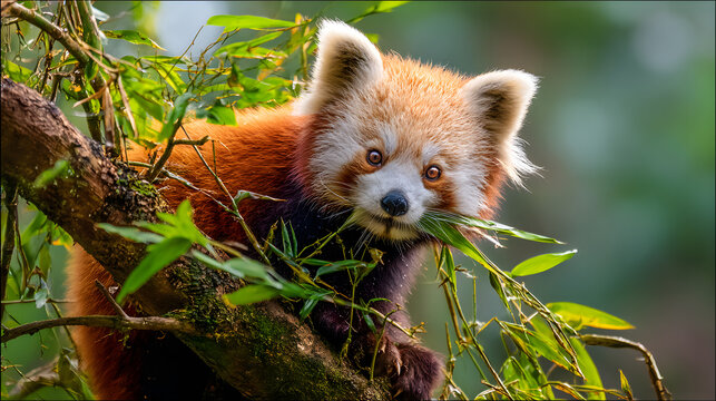 Rare animal red panda resting comfortably on a strong branch in the misty Himalayan bamboo forest.